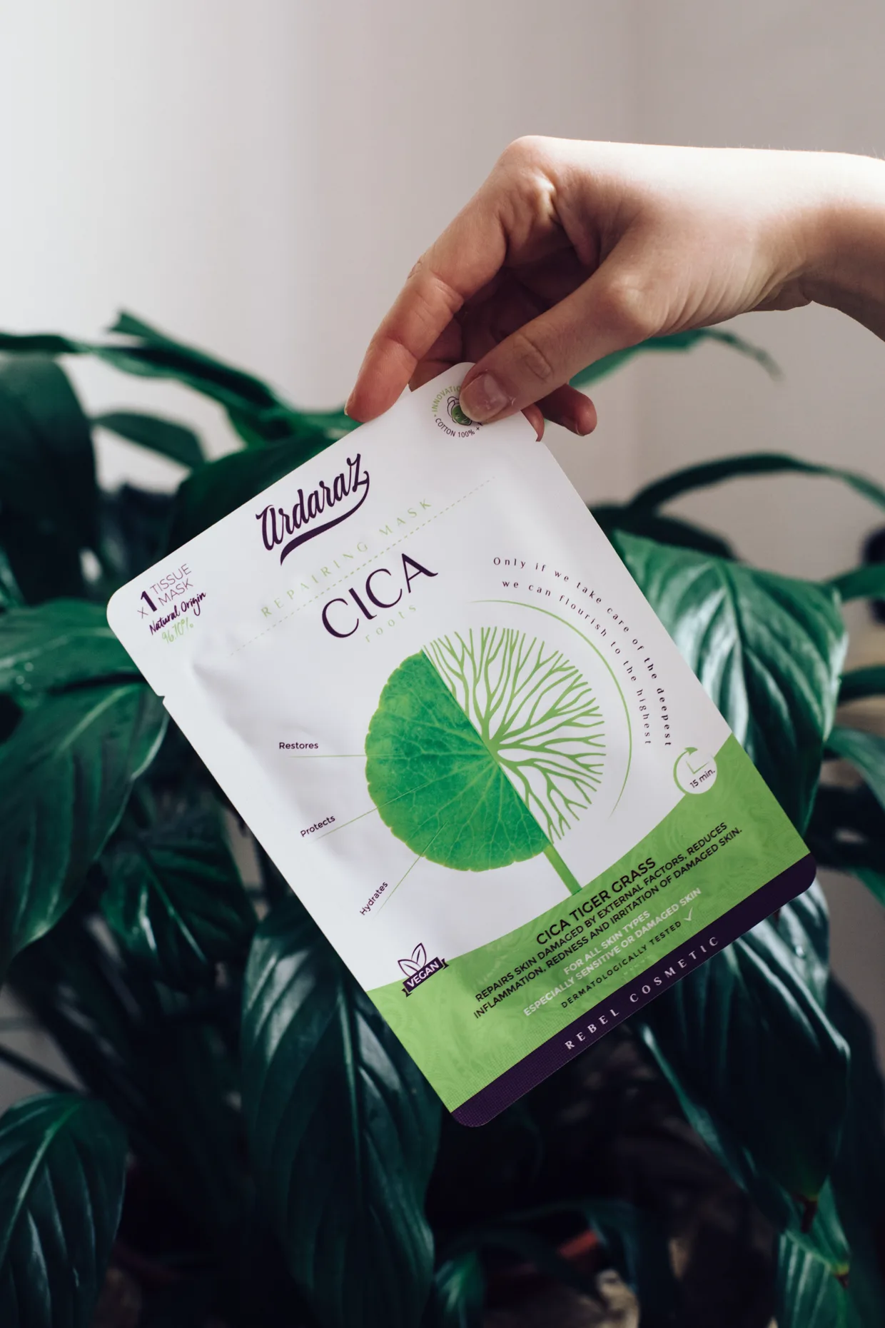 Un sobre individual de la mascarilla CICA sostenido ante una planta verde.